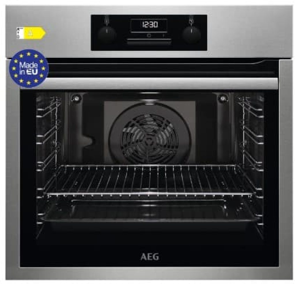 AEG BES331111M Horno Multifunción, 72 L, Limpieza AquaClean, 9 funciones, Cocción Uniforme, Ventilador XXL, Reloj Electrónico + Mandos, Antihuellas, Bandeja XXL, Inox, Clase A, Fabricado en UE