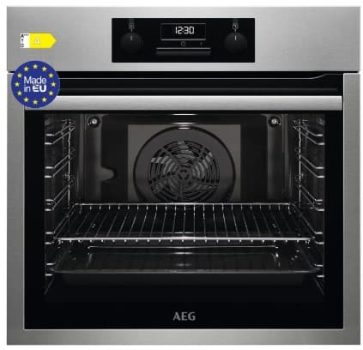 AEG BES331111M Horno Multifunción, 72 L, Limpieza AquaClean, 9 funciones, Cocción Uniforme, Ventilador XXL, Reloj Electrónico + Mandos, Antihuellas, Bandeja XXL, Inox, Clase A, Fabricado en UE