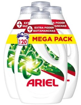 Ariel Detergente Lavadora Liquido, 120 Lavados (4x30), Jabon Quitamanchas, Mas Poder Extra Quitamanchas, Limpieza Profunda