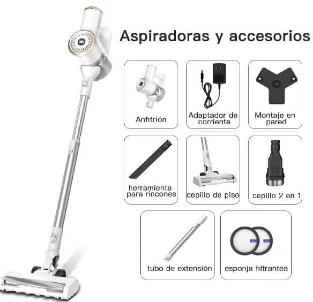 PrettyCare-Aspiradora Sin Cable, Escoba Potente, 29KPA, 35 Minutos, 1,2 L de Capacidad, Pantalla LED, Blanco