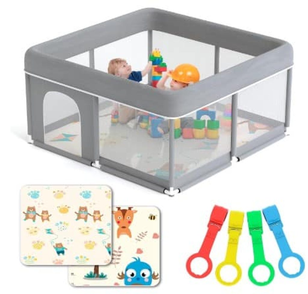 JUPPLIES Parque Infantil Bebe 120x120cm + Alfombra Bebe + 2 Agarraderas – Corralito Bebe con Malla Transpirable – Parque de Juegos Bebe Plegable con Puerta Lateral – Playpen Bebe