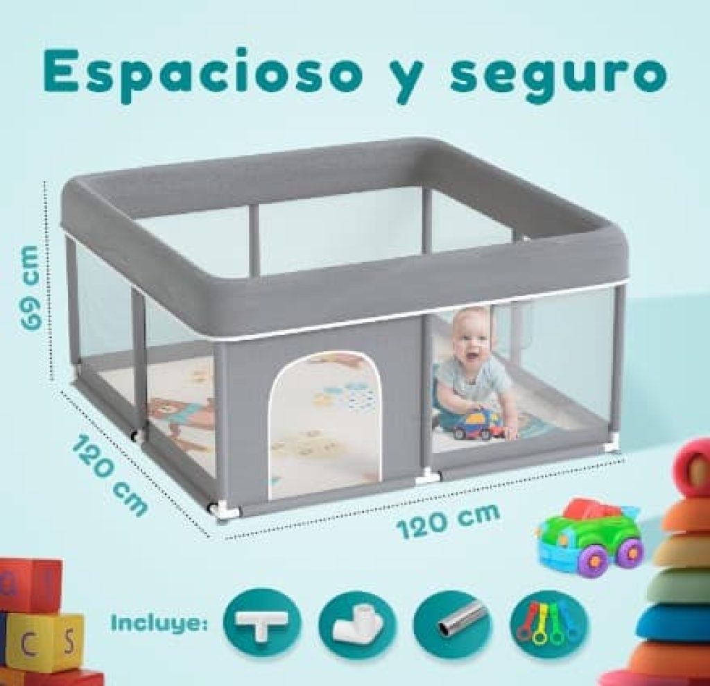 Parque Infantil para Bebés 120x120cm + Alfombra Bebe + 2 Agarraderas – Parque de Juego para Bebés Plegable – Playpen Bebe 
