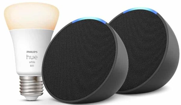 Echo Pop | Antracita, pack de 2 + Philips Hue White Bombilla Inteligente (E27), compatible con Alexa - Kit de inicio de Hogar digital