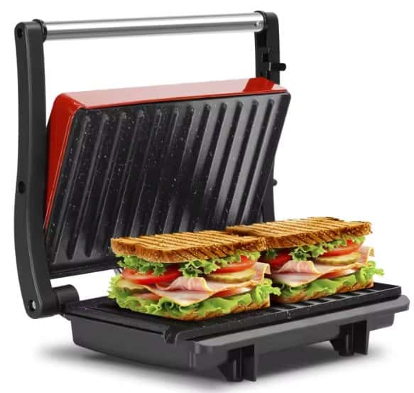 Sandwichera Eléctrica Y Parrilla Doble 1000W - Placas Antiadherentes 23x15 Cm, Apertura 180º, Rojo Y Negro, Ideal Para Paninis Y Carnes