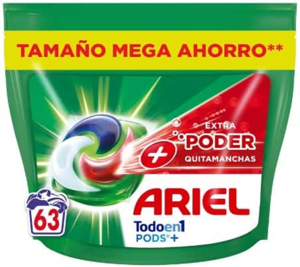 ARIEL PODS Todo en 1 Detergente Lavadora Líquido en Cápsulas/Pastillas, 63 Lavados, Más Poder Extra Quitamanchas, Limpieza Profunda