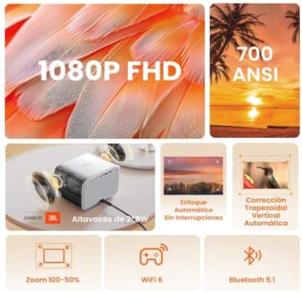 Proyector Sound by JBL & 1s Auto Focus 700ANSI Full HD 1080P Nativo Proyector Portátil 