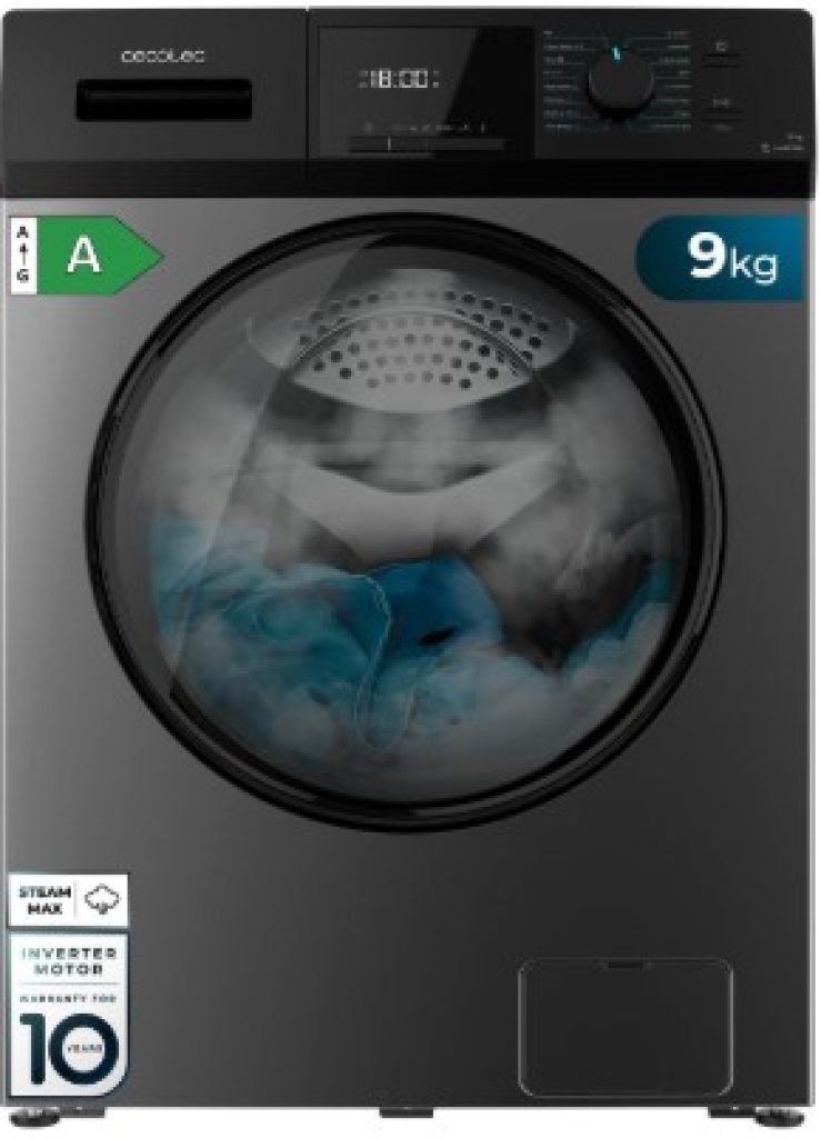 Cecotec Lavadora 9Kg Carga Frontal Bolero Dresscode 9410 Inverter Steel A. 1900W, 1400 rpm Regulables, 16 Programas, Motor Inverter Plus, Bajo Consumo, Vapor, Esterilización de la Ropa