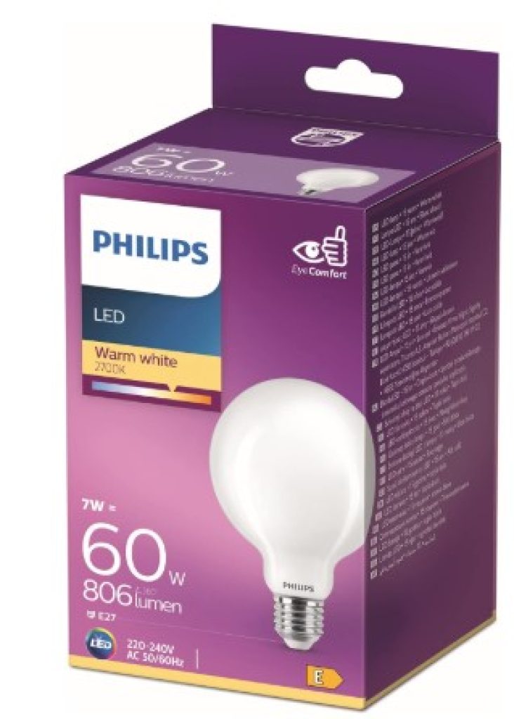 Philips - Bombilla LED Cristal, 60W, E27, Globo G93, Mate, Luz Blanca Cálida, No Regulable