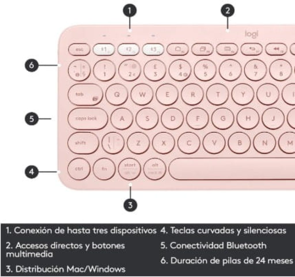 Logitech K380 Teclado Inalámbrico Multi-Dispositivos para Windows/Apple iOS/Android/Chrome, Bluetooth, Diseño Compacto, PC/Mac/Portátil/Smartphone/Tablet/Apple TV, Disposición QWERTY Español, Rosa