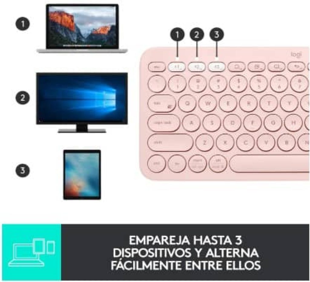 Logitech K380 Teclado Inalámbrico Multi-Dispositivos para Windows/Apple iOS/Android/Chrome, Bluetooth, Diseño Compacto, PC/Mac/Portátil/Smartphone/Tablet/Apple TV, Disposición QWERTY Español, Rosa
