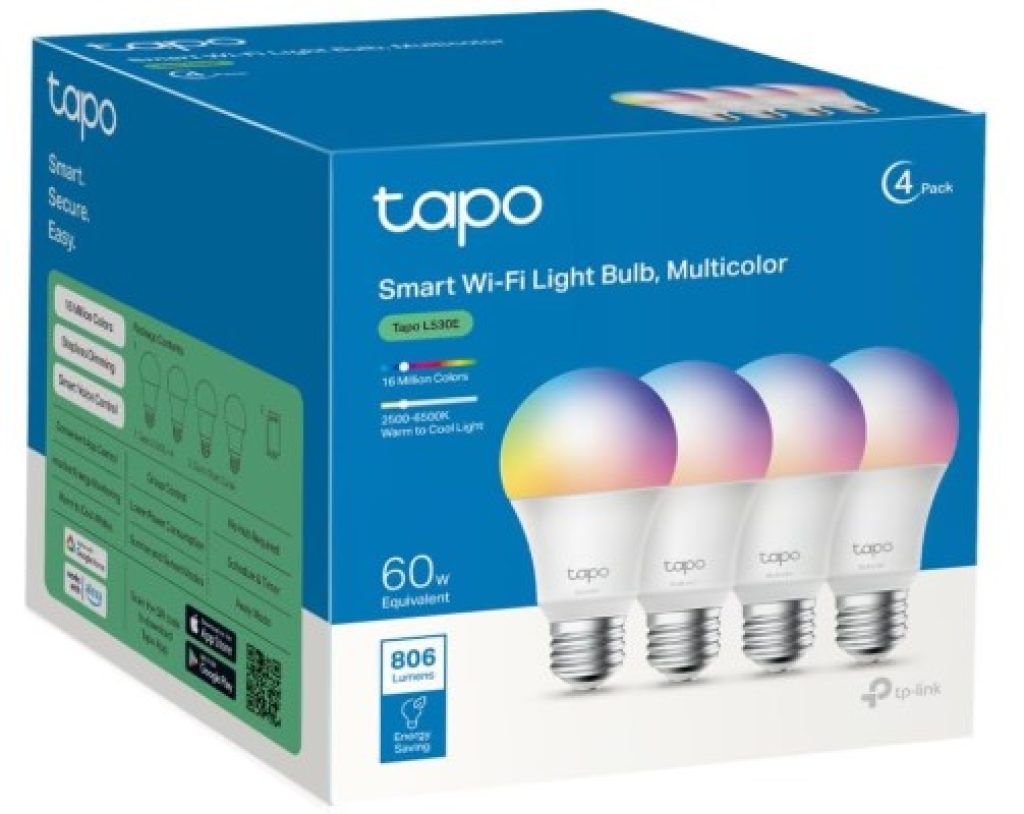 TP-Link Tapo L530E 4-Pack - Bombilla LED inteligente Wi-Fi, multicolor, regulable, E27, 8.7 W 806 lm, compatible con Alexa y Google Home