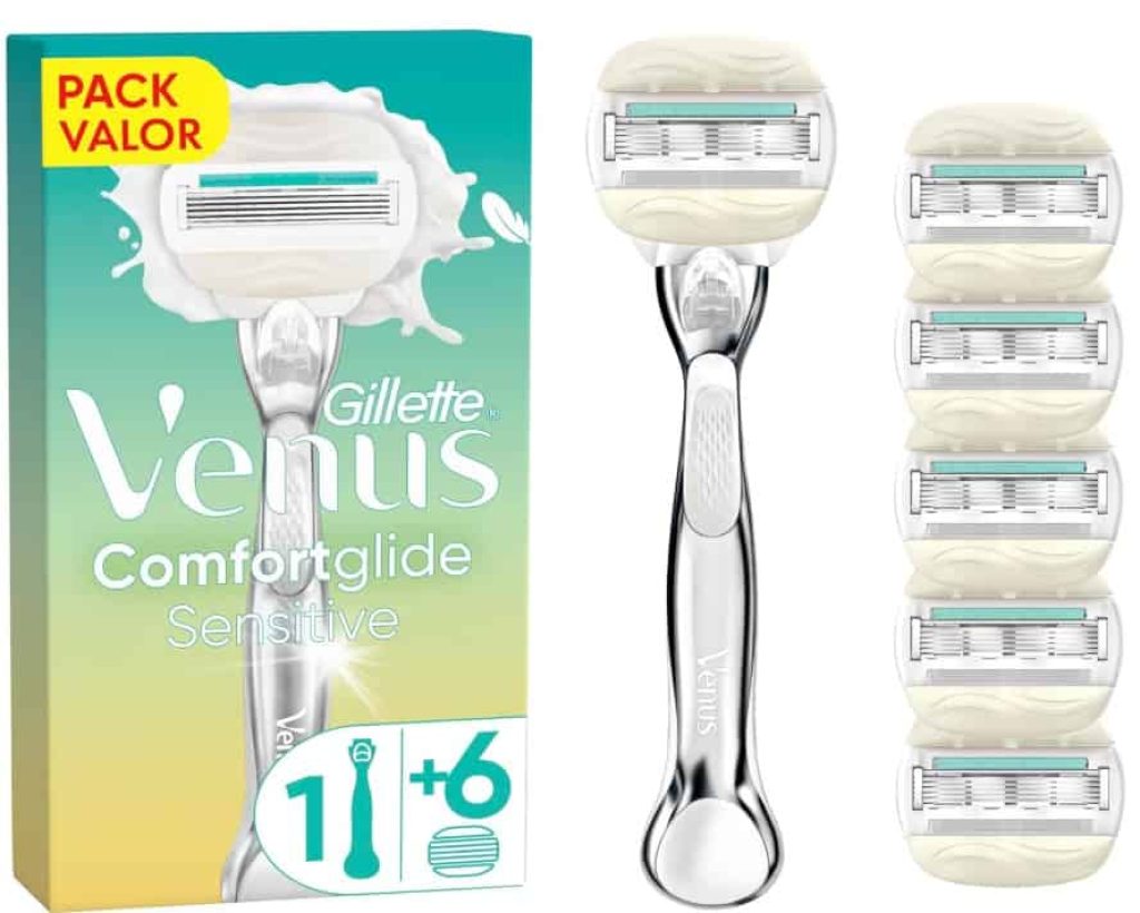Venus Gillette Comfortglide 5 Sensitive Maquinilla de Depilación Para Mujer, 1 Mango de Metal y 6 Cuchillas de Recambio
