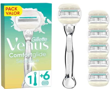 Venus Gillette Comfortglide 5 Sensitive Maquinilla de Depilación Para Mujer, 1 Mango de Metal y 6 Cuchillas de Recambio