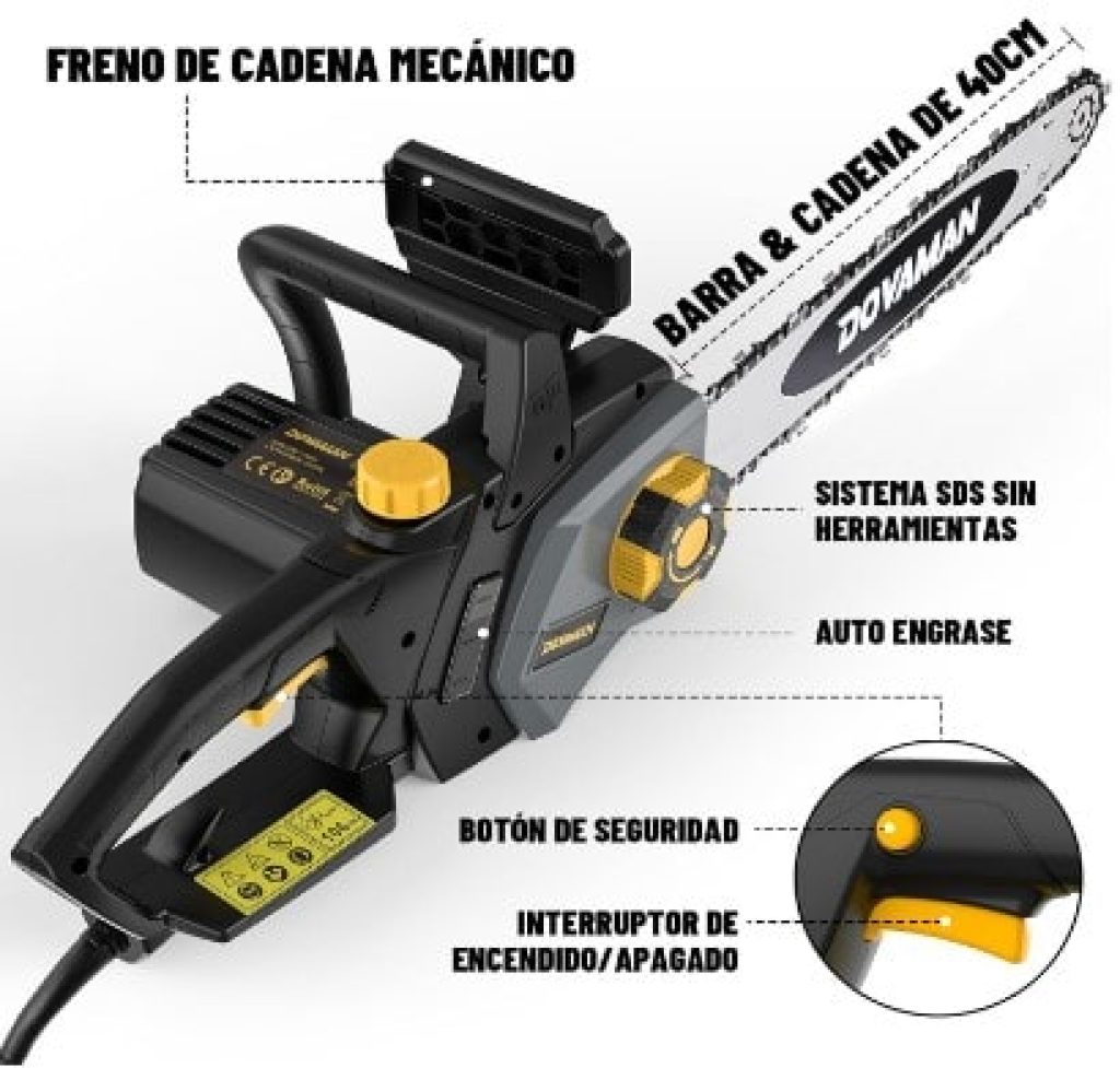 DOVAMAN Motosierra Eléctrica de 2400W, Tensión sin Herramientas en un Paso, 40cm Barra y Cadena Oregon, 15m/s Velocidad de Cadena, Lubricación Automática, Freno Mecánico y 2 Cadenas - DCS01A