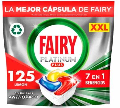 Fairy Platinum Plus Todo en 1, Pastillas Lavavajillas, 125 Capsulas Lavavajillas, Limpieza Profunda y Extra Brillo, Fragancia Limon