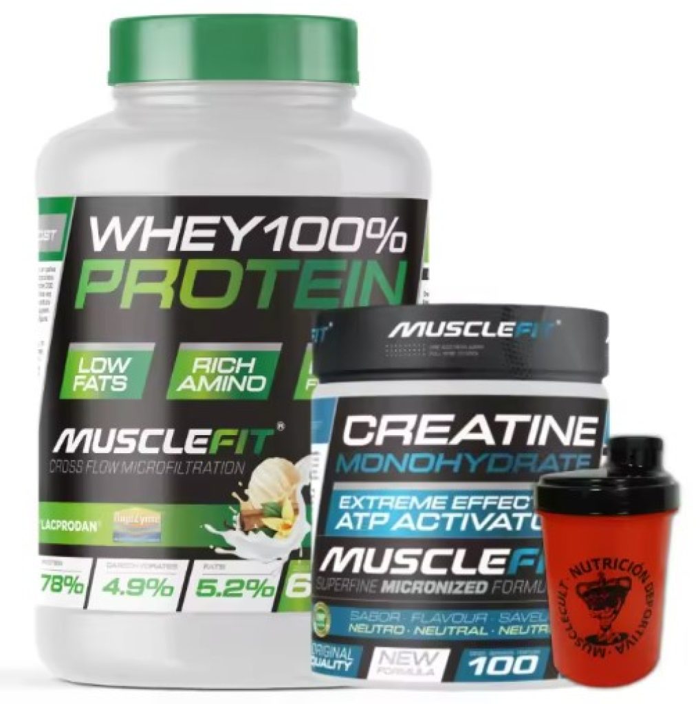 Pack Whey 100% Protein 2000g + Creatina 300g MuscleFIt + Shaker (regalo) MuscleCult Aumento Muscular
