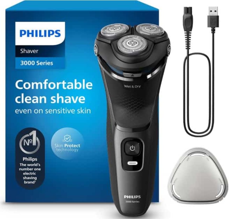 Philips Serie 3000 Afeitadora Eléctrica Hombre, Máquina de Afeitar Barba con Cortapatillas, 27 cuchillas, Cuida la piel, 60min de uso, En Seco y Húmedo, Recargable, S3145/00, Luna