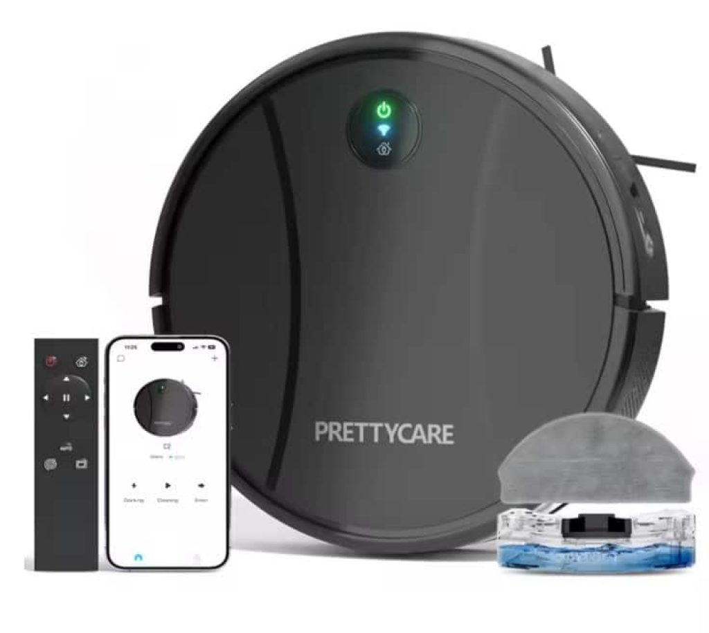 PrettyCare-Robot Aspirador C2, Fregona, Aspira y Barre al mismo tiempo, 3000Pa, Autonomía de 150 Minutos, aplicación/remoto/control