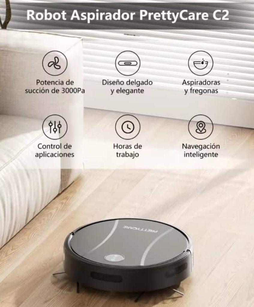 PrettyCare-Robot Aspirador C2, Fregona, Aspira y Barre al mismo tiempo, 3000Pa, Autonomía de 150 Minutos, aplicación/remoto/control