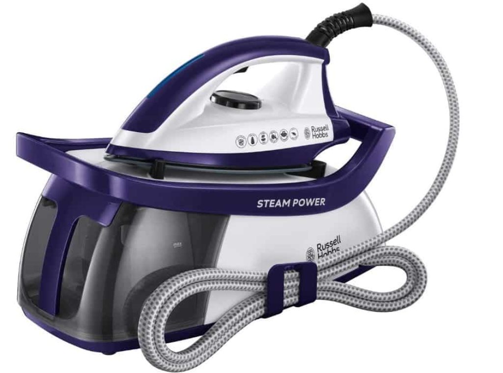 Russell Hobbs Centro de Planchado Steam Power - 2600W, Suela Cerámica, Presión 4,5 Bares, Depósito 1,3L, Antical, Golpe Vapor 130 g, Recogecable, Indicador Luminoso, Blanco y Morado - 24440-56