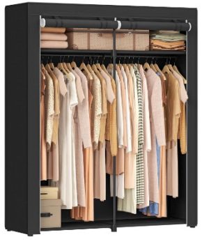 SONGMICS Armario de Tela, Armario Portátil con Barras para Colgar, Perchero, Plegable, Guardarropa, para Dormitorio, Estudio, 140 x 43 x 174 cm, Negro Tinta RYG02BK