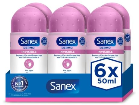 Sanex Dermo Invisible Desodorante Roll-On, Pack 6 Uds x 50 ml, Antitranspirante con hasta 48H de Protección contra el Sudor y el Olor, Antimanchas, Restaura el pH Natural de la Piel