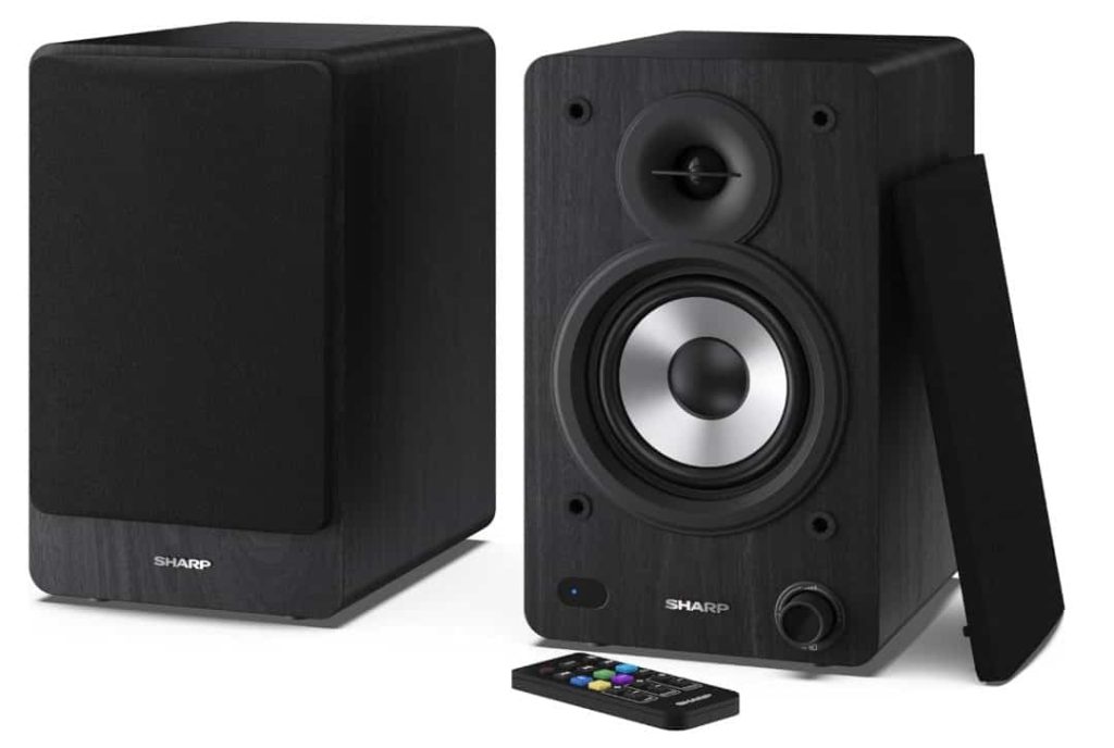 Sharp CP-SS30(BK) Pareja Altavoces estantería Activos 2vías, 60W RMS (2x30W) Carcasa Madera, Bluetooth v5.0, USB, óptica, Auxiliar, RCA, Ajuste Graves y Agudos, Rejilla extraíble, Mando a Distancia.