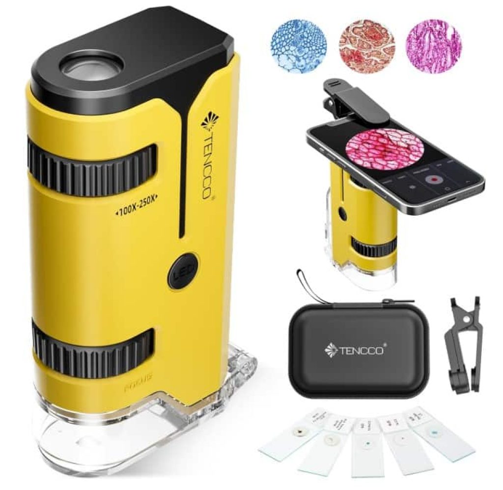 100x-250x Mini Microscopio de Bolsillo para Niños Adultos, Microscopio de Mano Protable con 5 Portaobjetos, Adaptador de Teléfono, Kit de Portátil Miniscope para Niños Adultos Laboratorio, Amarillo