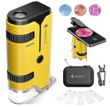 100x-250x Mini Microscopio de Bolsillo para Niños Adultos, Microscopio de Mano Protable con 5 Portaobjetos, Adaptador de Teléfono, Kit de Portátil Miniscope para Niños Adultos Laboratorio, Amarillo