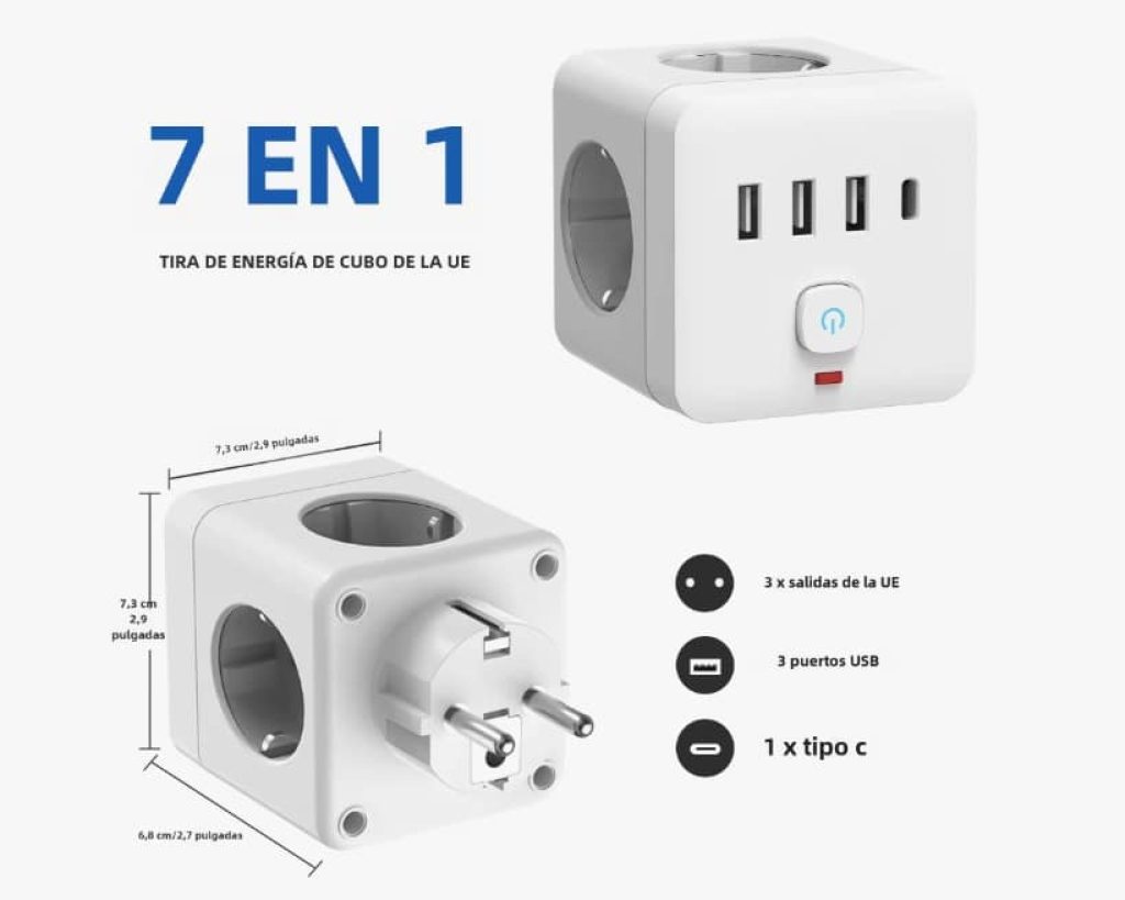 7-in-1 EU Power Strip, Power Strip Surge Protector, 3 AC Outlets 3 USB 1 Type-C, Desktop Charging Station With Overload Protecti