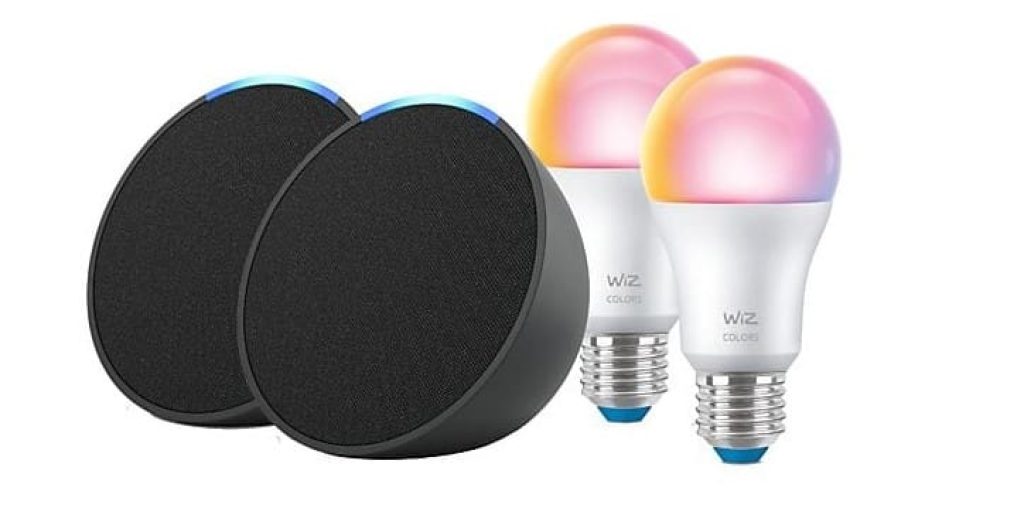 Altavoz inteligente - Echo Pop + Wiz, Pack 2 Echo Pop + 2 Bombillas WiZ, Bluetooth con Alexa de Sonido Potente y Compacto, Negro