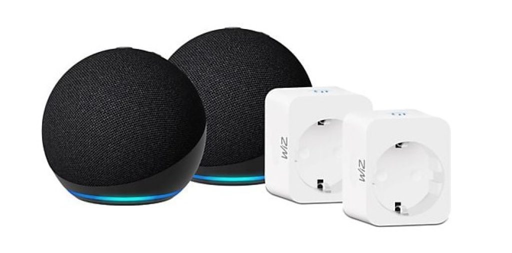 Altavoz inteligente - WiZ, Pack 2 Echo Dot (5. Gen 2022) + 2 Enchufes Inteligentes WiZ, Controlador de Hogar, Negro