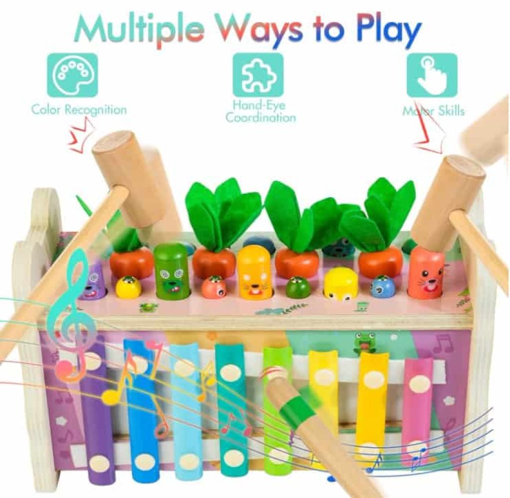 Amtreen Juguetes Montessori de Madera para 1 año de Golpear a un Topo Juego Martillo Zanahoria Cosecha Juego Aprender Juguetes de Desarrollo para Niños Pequeños Actividades Regalo Rosa