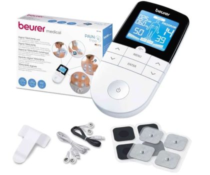 Beurer EM 49 TENS/EMS digital, dispositivo de corriente de estimulación 3 en 1 para el alivio del dolor y entrenamiento, función de masaje, incluye 4 electrodos, Color Blanco