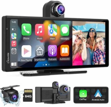 Carpuride W903 Carplay Inalámbrico Portátil&Android Auto con Dash CAM-Pantalla HD IPS de 9,3, Cámara Frontal&Trasera 4K, Grabación Bucle, Bluetooth, Mirror Link, GPS, Siri, Montado el Tablero