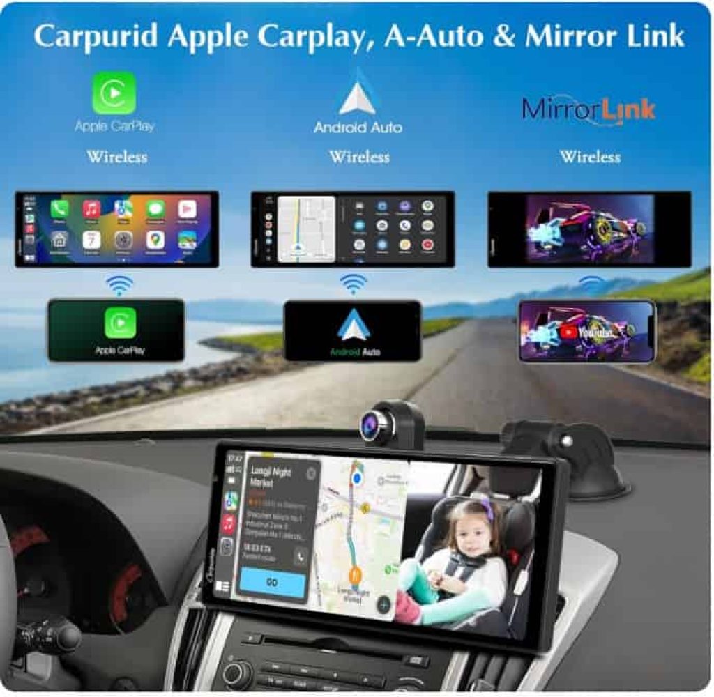 Carpuride W903 Carplay Inalámbrico Portátil&Android Auto con Dash CAM-Pantalla HD IPS de 9,3, Cámara Frontal&Trasera 4K, Grabación Bucle, Bluetooth, Mirror Link, GPS, Siri, Montado el Tablero