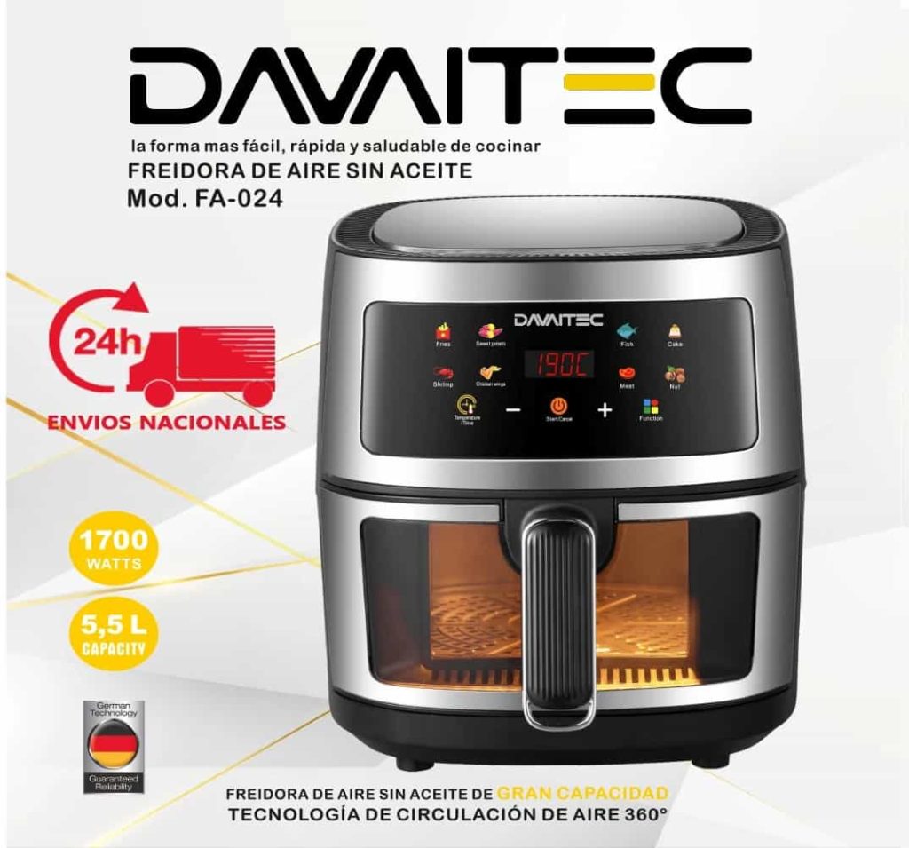 DAVAITEC Freidora de Aire Sin Aceite 5.5L 1700W con Tecnología de Circulación de Aire 360