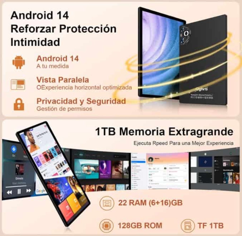 Dghrti 2025 Newest Tablet 10 Pulgadas Android 14, 22GB RAM+128GB ROM (1TB TF), CPU Octa-Core, 8000mAh, Widevine L1