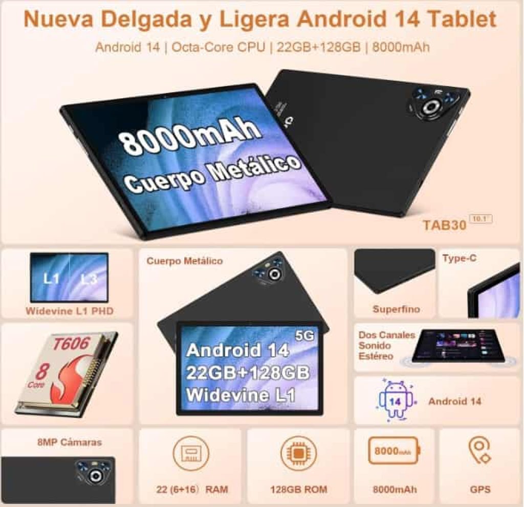 Dghrti 2025 Newest Tablet 10 Pulgadas Android 14, 22GB RAM+128GB ROM (1TB TF), CPU Octa-Core, 8000mAh, Widevine L1