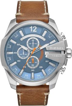 Diesel Reloj para hombre Mega Chief, movimiento cronógrafo de cuarzo, caja de acero inoxidable plateado de 59 mm con correa de acero inoxidable, DZ4308