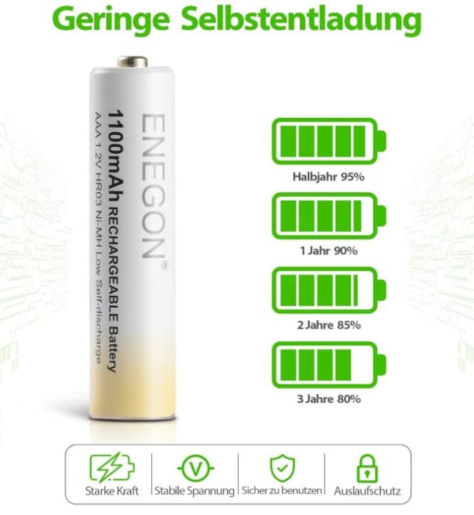 ENEGON - Pilas Recargables AAA (Lote de 8), 1100 mAh AAA Pilas Ultra potentes, 1,2 V Nih, Larga duración