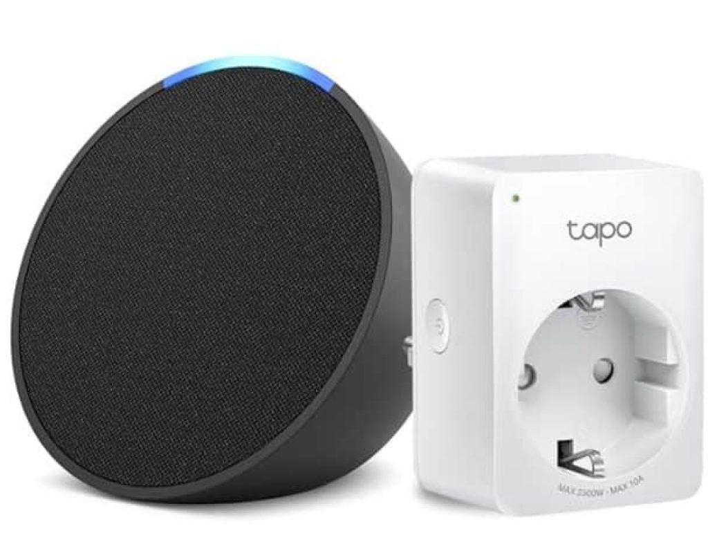 Echo Pop | Antracita + Tapo P100MA - Matter Mini Enchufe Inteligente, compatible con Alexa - Kit de inicio de Hogar digital