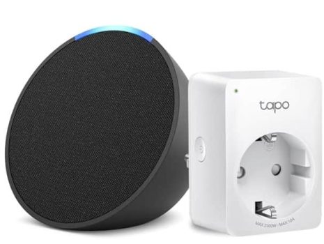 Echo Pop | Antracita + Tapo P100MA - Matter Mini Enchufe Inteligente, compatible con Alexa - Kit de inicio de Hogar digital