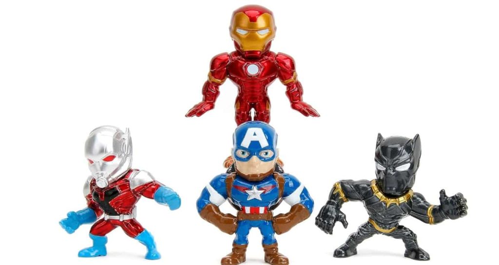 Jada- Pack de 4 Figuras de los Vengadores hechos en Metal Fundido, Iron Man, Capitán América, Black Panther, Antzman, de 7cm, A partir de 8 años (253222014)