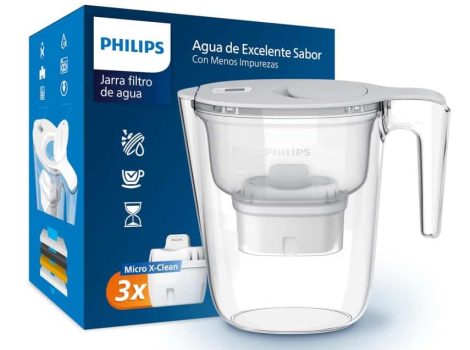 Filtro de jarra Philips +3 cartuchos de filtro de repuesto Micro X-Clean, flujo rápido, blanco, 2,6 litros, temporizador electrónico