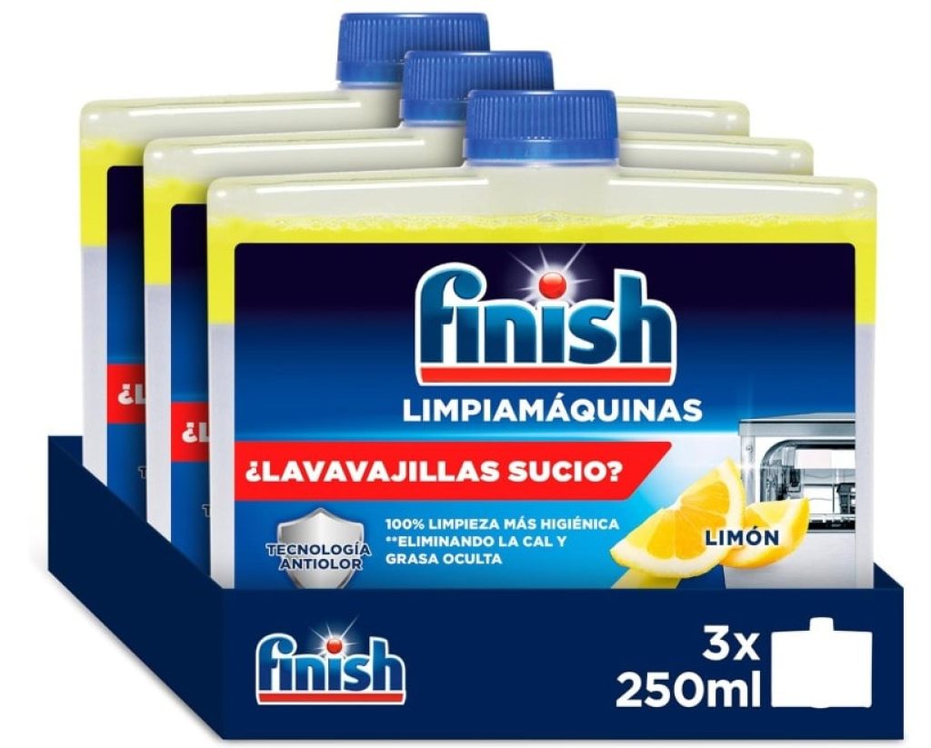 Finish Limpiamáquinas, Limpieza higiénica para el lavavajillas contra el mal olor, la cal y la grasa, Multicolor, 250 ml x 3 Limón