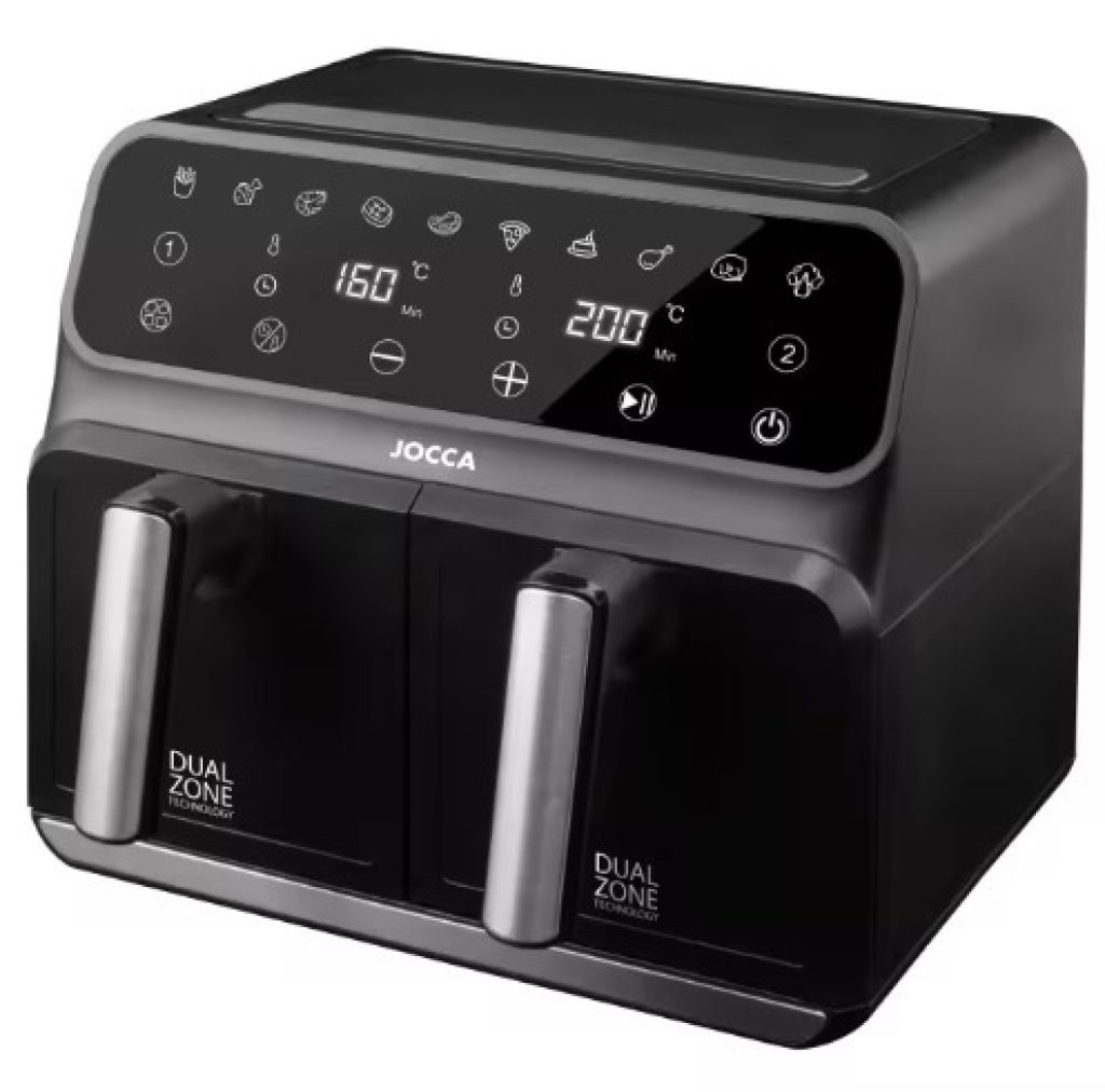 Freidora digital Jocca de aire caliente con dos cubetas independientes con 4 litros de capacidad cada una, pantalla táctil con 10 funciones pre-programadas, temperatura y tiempo ajustable, apagado automático, libre de BPA & PFOA y 1700W de potencia