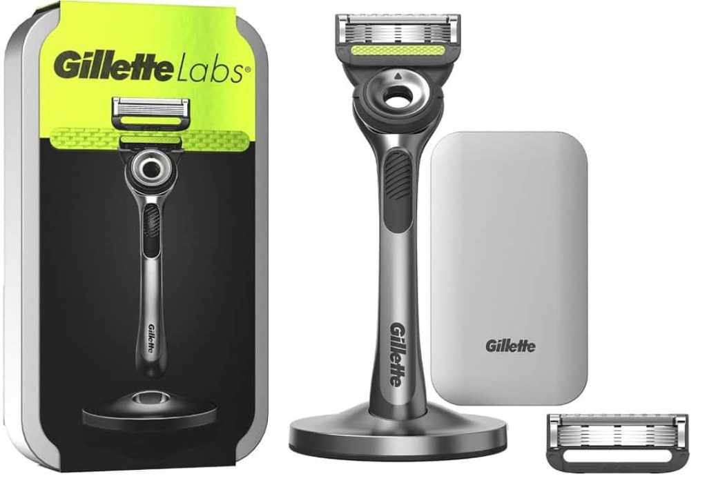 Gillette Labs Maquinilla de Afeitar Hombre con Barra Exfoliante + 2 Cuchillas de Afeitar de Recambio + Base Magnética y Estuche de Viaje, Regalos Originales Hombre