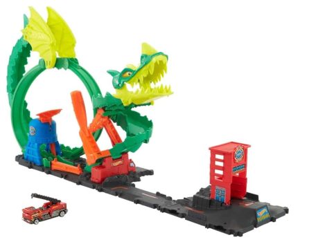 Hot Wheels City Ataque del dragón Pista para Coches de Juguete con estación y camión de Bomberos, +5 años (Mattel HJV70)