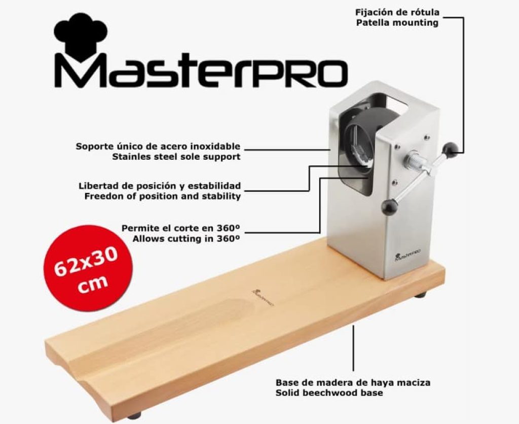 Jamonero BERGNER MASTERPRO de madera con soporte en acero inoxidable - Cortador de jamón en voladizo de 62x19,5x3,3 cm